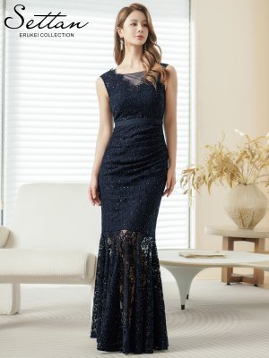 画像7: [送料無料][SETTAN]レッド・ネイビー・ホワイト・総レース・スパンコール・シアー・ギャザー・Vネック・ノースリーブ・ハイウエスト・タイト・マーメイド・ロングドレス[即日発送][大きいサイズあり]