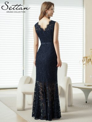 画像9: [送料無料][SETTAN]レッド・ネイビー・ホワイト・総レース・スパンコール・シアー・ギャザー・Vネック・ノースリーブ・ハイウエスト・タイト・マーメイド・ロングドレス[即日発送][大きいサイズあり]