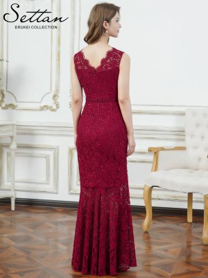 画像3: [送料無料][SETTAN]レッド・ホワイト・総レース・スパンコール・シアー・ギャザー・Vネック・ノースリーブ・ハイウエスト・タイト・マーメイド・ロングドレス[即日発送][大きいサイズあり]