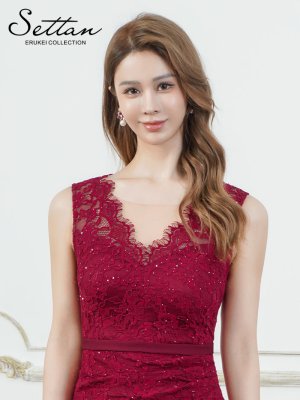画像4: [送料無料][SETTAN]レッド・ホワイト・総レース・スパンコール・シアー・ギャザー・Vネック・ノースリーブ・ハイウエスト・タイト・マーメイド・ロングドレス[即日発送][大きいサイズあり]