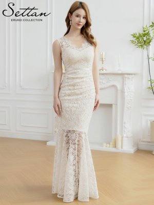 画像1: [送料無料][SETTAN]ホワイト・ネイビー・レッド・総レース・スパンコール・シアー・ギャザー・Vネック・ノースリーブ・ハイウエスト・タイト・マーメイド・ロングドレス[即日発送][大きいサイズあり]