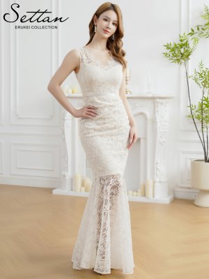 画像2: [送料無料][SETTAN]ホワイト・ネイビー・レッド・総レース・スパンコール・シアー・ギャザー・Vネック・ノースリーブ・ハイウエスト・タイト・マーメイド・ロングドレス[即日発送][大きいサイズあり]
