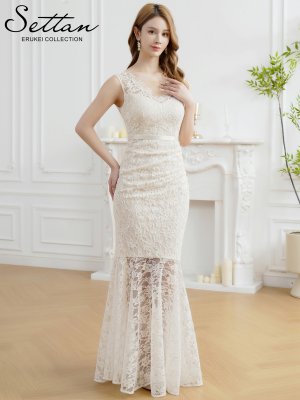 画像5: [送料無料][SETTAN]ホワイト・ネイビー・レッド・総レース・スパンコール・シアー・ギャザー・Vネック・ノースリーブ・ハイウエスト・タイト・マーメイド・ロングドレス[即日発送][大きいサイズあり]