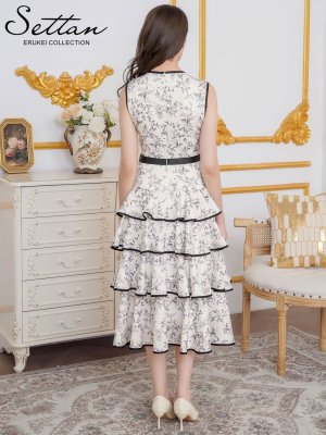 画像3: [送料無料][SETTAN]ブラック×ホワイト・花柄・プリント・ノースリーブ・リボン・パイピング・切替・ティアード・ミディアムドレス・ワンピース[即日発送][大きいサイズあり]