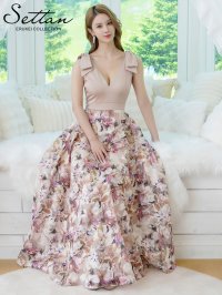 [送料無料][SETTAN]ベージュ×プリント・ヴィヴィットピンク・ライトピンク・ホワイト・プリント・オレンジ・Vネック・ノースリーブ・シンプル・サテン・上品・肩リボン・切替・Aライン・ロングドレス[即日発送][大きいサイズあり]