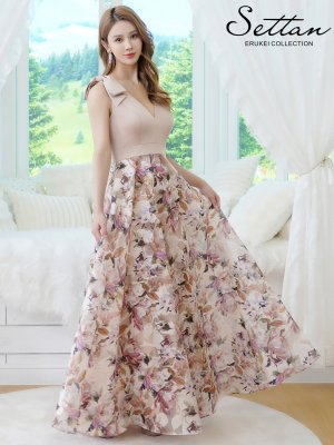 画像2: [送料無料][SETTAN]ベージュ×プリント・ヴィヴィットピンク・ライトピンク・ホワイト・プリント・オレンジ・Vネック・ノースリーブ・シンプル・サテン・上品・肩リボン・切替・Aライン・ロングドレス[即日発送][大きいサイズあり]