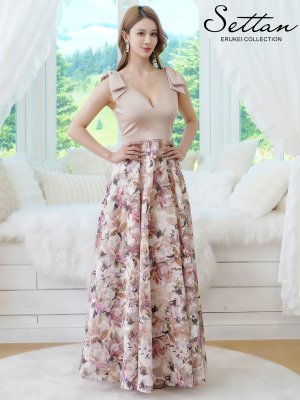 画像5: [送料無料][SETTAN]ベージュ×プリント・ヴィヴィットピンク・ライトピンク・ホワイト・プリント・オレンジ・Vネック・ノースリーブ・シンプル・サテン・上品・肩リボン・切替・Aライン・ロングドレス[即日発送][大きいサイズあり]