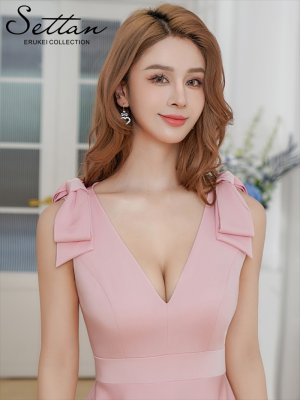 画像4: [送料無料][SETTAN]ライトピンク・オレンジ・ホワイト・Vネック・ノースリーブ・シンプル・サテン・上品・肩リボン・切替・Aライン・ロングドレス[即日発送][大きいサイズあり]