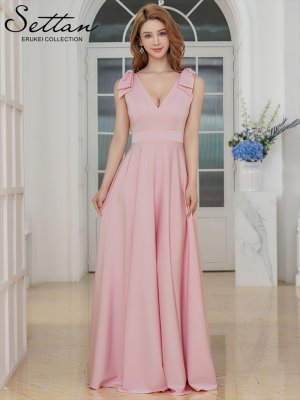 画像5: [送料無料][SETTAN]ライトピンク・オレンジ・ホワイト・Vネック・ノースリーブ・シンプル・サテン・上品・肩リボン・切替・Aライン・ロングドレス[即日発送][大きいサイズあり]