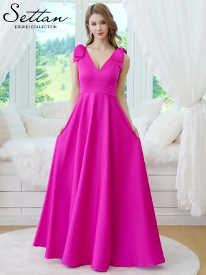 画像7: [送料無料][SETTAN]ベージュ×プリント・ヴィヴィットピンク・ライトピンク・ホワイト・プリント・オレンジ・Vネック・ノースリーブ・シンプル・サテン・上品・肩リボン・切替・Aライン・ロングドレス[即日発送][大きいサイズあり]