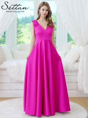 画像8: [送料無料][SETTAN]ベージュ×プリント・ヴィヴィットピンク・ライトピンク・ホワイト・プリント・オレンジ・Vネック・ノースリーブ・シンプル・サテン・上品・肩リボン・切替・Aライン・ロングドレス[即日発送][大きいサイズあり]