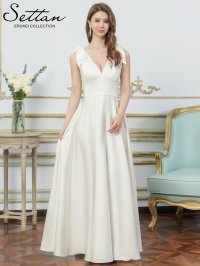 [送料無料][SETTAN]ホワイト・ライトピンク・オレンジ・ベージュ×プリント・Vネック・ノースリーブ・シンプル・サテン・上品・肩リボン・切替・Aライン・ロングドレス[即日発送][大きいサイズあり]