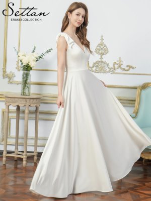 画像2: [送料無料][SETTAN]ホワイト・ライトピンク・オレンジ・ベージュ×プリント・Vネック・ノースリーブ・シンプル・サテン・上品・肩リボン・切替・Aライン・ロングドレス[即日発送][大きいサイズあり]