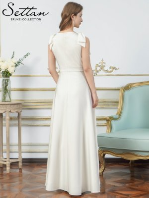 画像3: [送料無料][SETTAN]ホワイト・ライトピンク・オレンジ・ベージュ×プリント・Vネック・ノースリーブ・シンプル・サテン・上品・肩リボン・切替・Aライン・ロングドレス[即日発送][大きいサイズあり]