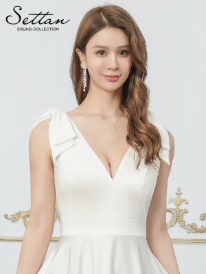 画像4: [送料無料][SETTAN]ホワイト・ライトピンク・オレンジ・ベージュ×プリント・Vネック・ノースリーブ・シンプル・サテン・上品・肩リボン・切替・Aライン・ロングドレス[即日発送][大きいサイズあり]