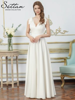 画像5: [送料無料][SETTAN]ホワイト・ライトピンク・オレンジ・ベージュ×プリント・Vネック・ノースリーブ・シンプル・サテン・上品・肩リボン・切替・Aライン・ロングドレス[即日発送][大きいサイズあり]