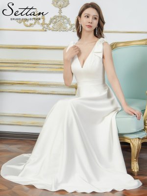 画像6: [送料無料][SETTAN]ホワイト・ライトピンク・オレンジ・ベージュ×プリント・Vネック・ノースリーブ・シンプル・サテン・上品・肩リボン・切替・Aライン・ロングドレス[即日発送][大きいサイズあり]