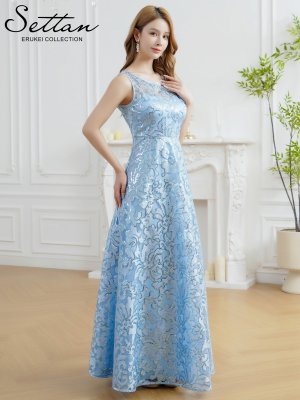 画像2: [送料無料][SETTAN]ブルー・ノースリーブ・スパンコール・レース・Aライン・ハイウエスト・ロングドレス[即日発送][大きいサイズあり]