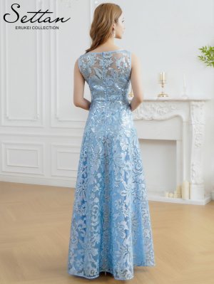 画像3: [送料無料][SETTAN]ブルー・ノースリーブ・スパンコール・レース・Aライン・ハイウエスト・ロングドレス[即日発送][大きいサイズあり]