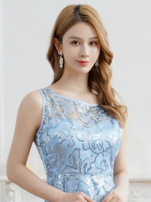 画像4: [送料無料][SETTAN]ブルー・ノースリーブ・スパンコール・レース・Aライン・ハイウエスト・ロングドレス[即日発送][大きいサイズあり]