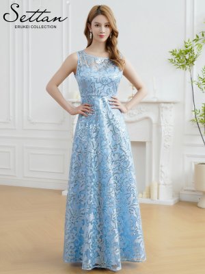 画像5: [送料無料][SETTAN]ブルー・ノースリーブ・スパンコール・レース・Aライン・ハイウエスト・ロングドレス[即日発送][大きいサイズあり]