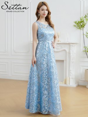 画像6: [送料無料][SETTAN]ブルー・ノースリーブ・スパンコール・レース・Aライン・ハイウエスト・ロングドレス[即日発送][大きいサイズあり]