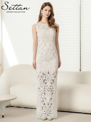 画像6: [送料無料][SETTAN]ホワイト・総レース・チュールレース・シアー・ノースリーブ・インナーミニ・タイト・ストレートライン・ロングドレス[即日発送][大きいサイズあり]