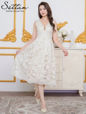 画像2: [送料無料][SETTAN]ホワイト・総レース・Vネック・ノースリーブ・Aライン・ミディアムドレス・ワンピース[即日発送][大きいサイズあり]