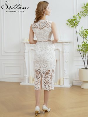 画像3: [送料無料][SETTAN]ホワイト・ベージュ・ブラック・総レース・切替・ノースリーブ・ペプラム・インナーミニ・タイト・ミディアムドレス・ワンピース[即日発送][大きいサイズあり]