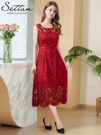 [送料無料][SETTAN]レッド・ブラック・レース・シアー・スカラップ・ノースリーブ・Aライン・ミディアムドレス・ワンピース[即日発送][大きいサイズあり]