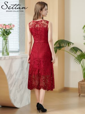画像3: [送料無料][SETTAN]レッド・ブラック・レース・シアー・スカラップ・ノースリーブ・Aライン・ミディアムドレス・ワンピース[即日発送][大きいサイズあり]