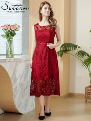 画像5: [送料無料][SETTAN]レッド・ブラック・レース・シアー・スカラップ・ノースリーブ・Aライン・ミディアムドレス・ワンピース[即日発送][大きいサイズあり]