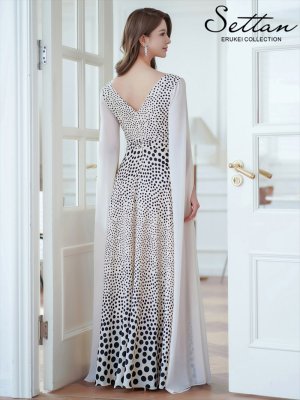 画像3: [送料無料][SETTAN]ベージュ×ブラック・ドットグラデーション・ランダムドット・マントスリーブ・ハイウエスト・Aライン・ロングドレス[即日発送][大きいサイズあり]