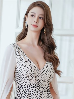 画像4: [送料無料][SETTAN]ベージュ×ブラック・ドットグラデーション・ランダムドット・マントスリーブ・ハイウエスト・Aライン・ロングドレス[即日発送][大きいサイズあり]