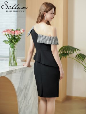 画像3: [送料無料][SETTAN]ブラック×ホワイト・千鳥格子柄・モノトーン・ビジューボタン・ワンショルダー・オフショルダー・タイト・ミ二ドレス・ワンピース[即日発送][大きいサイズあり]