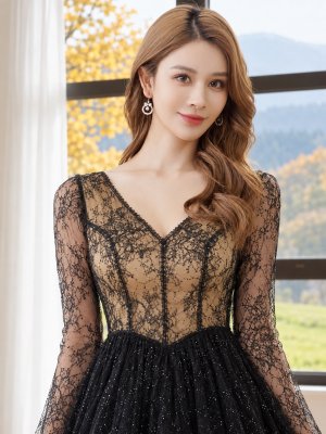 画像10: [送料無料][SETTAN]アイボリー・ブラック・総レース・スパンコール・Vネック・長袖・フレアスリーブ・ハイウエスト・フレア・Aライン・ミニドレス・ワンピース[即日発送][大きいサイズあり]