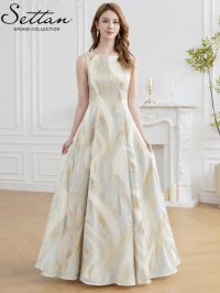 [送料無料][SETTAN]ゴールド×ブルー・ゴールド×ピンク・アイボリー・金糸・柄物・オーガンジー・ボートネック・ノースリーブ・Aライン・フレア・ロングドレス[即日発送][大きいサイズあり]