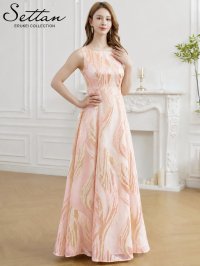 [送料無料][SETTAN]ゴールド×ピンク・ゴールド×ブルー・アイボリー・金糸・柄物・オーガンジー・ボートネック・ノースリーブ・Aライン・フレア・ロングドレス[即日発送][大きいサイズあり]