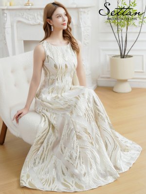画像1: [送料無料][SETTAN]アイボリー・ゴールド×ブルー・ゴールド×ピンク・金糸・柄物・オーガンジー・ボートネック・ノースリーブ・Aライン・フレア・ロングドレス[即日発送][大きいサイズあり]