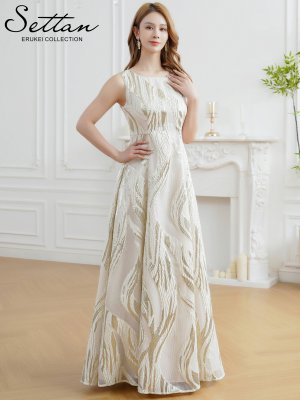 画像5: [送料無料][SETTAN]アイボリー・ゴールド×ブルー・ゴールド×ピンク・金糸・柄物・オーガンジー・ボートネック・ノースリーブ・Aライン・フレア・ロングドレス[即日発送][大きいサイズあり]