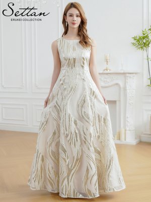 画像6: [送料無料][SETTAN]アイボリー・ゴールド×ブルー・ゴールド×ピンク・金糸・柄物・オーガンジー・ボートネック・ノースリーブ・Aライン・フレア・ロングドレス[即日発送][大きいサイズあり]