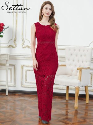 画像5: [送料無料][SETTAN]レッド・ホワイト・総レース・ハイウエスト・シアー・インナーミニ・タイト・ストレートライン・ロングドレス[即日発送][大きいサイズあり]