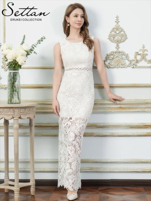 画像8: [送料無料][SETTAN]レッド・ホワイト・総レース・ハイウエスト・シアー・インナーミニ・タイト・ストレートライン・ロングドレス[即日発送][大きいサイズあり]