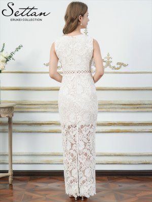 画像9: [送料無料][SETTAN]レッド・ホワイト・総レース・ハイウエスト・シアー・インナーミニ・タイト・ストレートライン・ロングドレス[即日発送][大きいサイズあり]