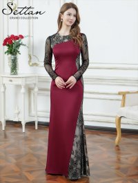 [送料無料][SETTAN]レッド×ブラック・サテン・レース・長袖・タイトスリーブ・シアー・タイト・マーメイド・ロングドレス[即日発送][大きいサイズあり]
