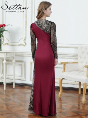 画像3: [送料無料][SETTAN]レッド×ブラック・サテン・レース・長袖・タイトスリーブ・シアー・タイト・マーメイド・ロングドレス[即日発送][大きいサイズあり]