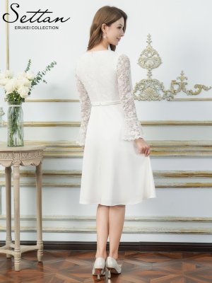 画像9: [送料無料][SETTAN]ワインレッド・ホワイト・ワンカラー・レース・サテン・Vネック・長袖・ベルスリーブ・ミディアムドレス・ワンピース[即日発送][大きいサイズあり]