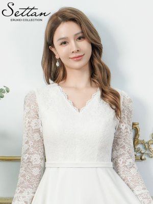 画像10: [送料無料][SETTAN]ワインレッド・ホワイト・ワンカラー・レース・サテン・Vネック・長袖・ベルスリーブ・ミディアムドレス・ワンピース[即日発送][大きいサイズあり]