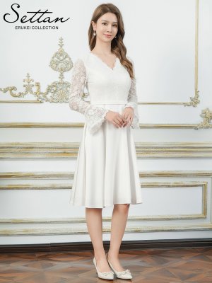 画像12: [送料無料][SETTAN]ワインレッド・ホワイト・ワンカラー・レース・サテン・Vネック・長袖・ベルスリーブ・ミディアムドレス・ワンピース[即日発送][大きいサイズあり]