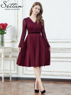 画像1: [送料無料][SETTAN]ワインレッド・ホワイト・ワンカラー・レース・サテン・Vネック・長袖・ベルスリーブ・ミディアムドレス・ワンピース[即日発送][大きいサイズあり]